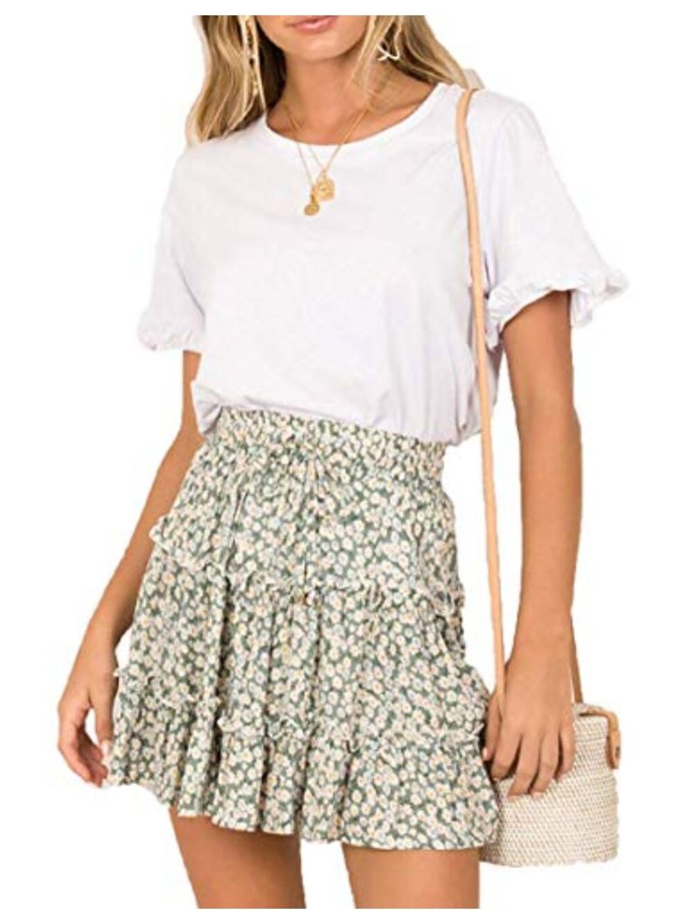 Women's Floral Ruffle High Waist Skirt Flowy Tiered Summer Mini